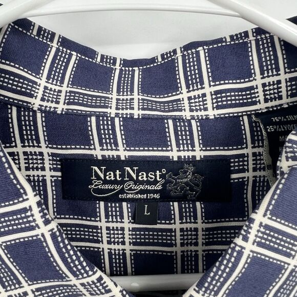 Mens Nat Nast Luxury SS Shirt L Silk Blend Blue White Check Casual - Picture 2 of 9